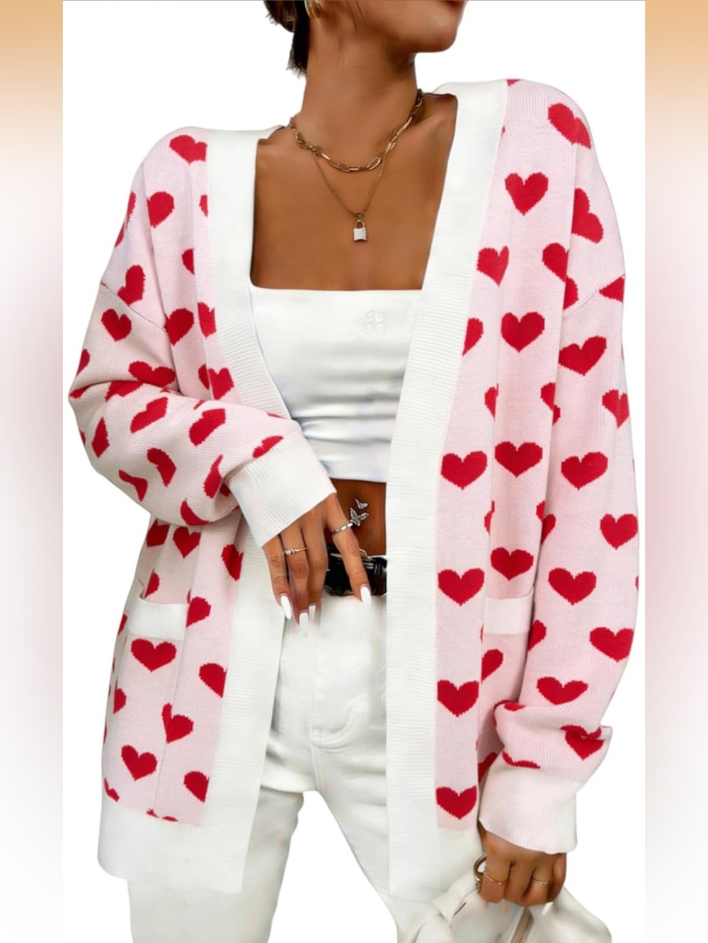 Pink Heart Print Open-Front Cardigan
